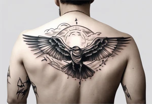 a shoulder tattoo with lots of rays of light in gradient starting from the middle
, clouds and birds flying free tattoo idea