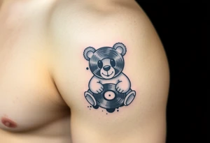 minimalist teddy bear with vinyl records as eyes smiling and sitting on a record tattoo idea