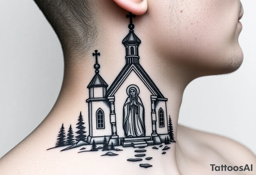 Traditional russian orthodox church in a wilderness setting with a prominent orthodox style virgin mary tattoo idea