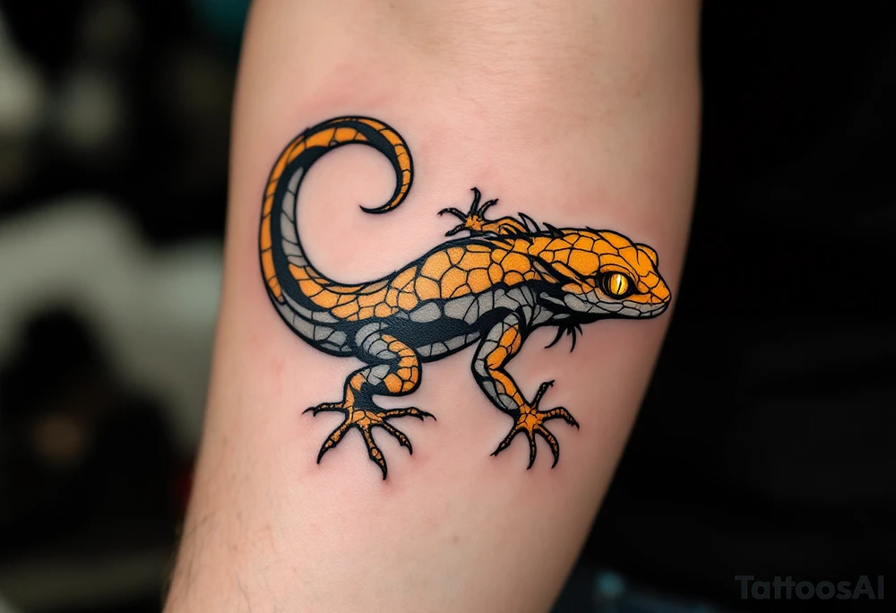 Tribal desert lizard with cracked earth texture – A sleek, agile lizard in motion, designed with tribal curves and sharp angles along its spine. Its skin mimics the pattern of sunbaked, cracked earth, blending tones of burnt orange, dusty brown, and charcoal black. The tail coils elegantly, forming a spiral, while the eyes gleam in golden yellow, symbolizing survival, transformation, and primal instincts. tattoo idea