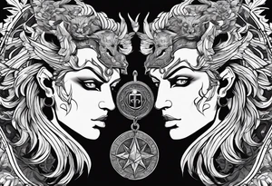 I want a minimalist design of the battle I face between good and evil. God vs the devil , good vs evil , indulgence vs discipline. 2 sides of the one coin that is my personality. tattoo idea