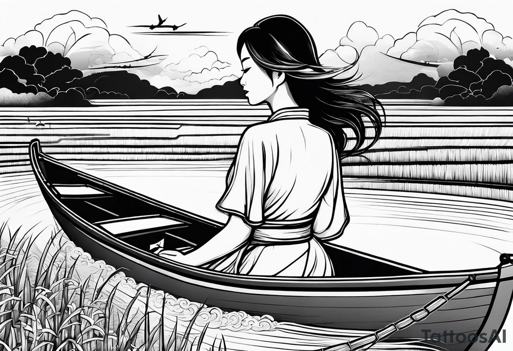 vietnamese lady on boat rice fields water sunset home clouds tattoo idea