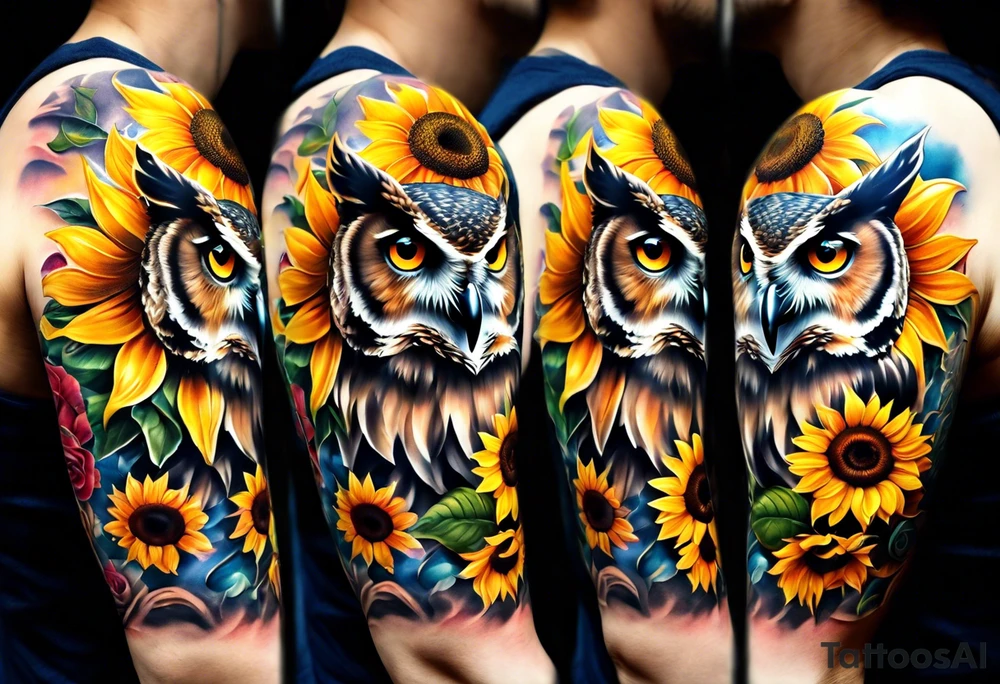Arm sleeve with an owl surrounded by sunflowers with a butterfly on the sunflower tattoo idea