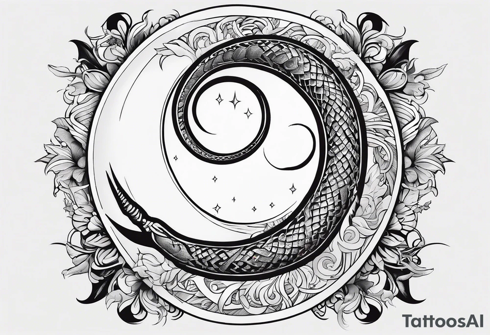 the sun and crescent moon are connected, the moon has a snake wrapped around it, the sun has a cardinal in it, simple tattoo idea