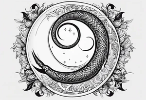 the sun and crescent moon are connected, the moon has a snake wrapped around it, the sun has a cardinal in it, simple tattoo idea
