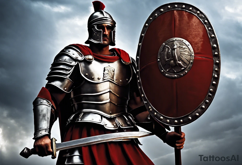 a high ranking roman centurion, soldier, AD 60, wearing armour which must include an armoured belt, breastplate, armoured shoes, shield, helmet and sword. the soldier is strong, tall, large, fit, muscular. the soldier is faceless. We can see the full body of the centurion, from his shoes to his helmet. The soldier is mid-battle, fending off flaming arrows with his shield, advancing towards the enemy, attacking the enemy. attacking pose. The image should be extremely detailed. Need to see the full soldier. tattoo idea