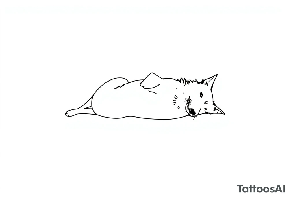 An illustration of a Border Collie tattoo in a minimalist feminine style. The design is elegant and delicate, created with a single continuous line, depicting the dog lying on its back, capturing the grace and character of the breed. tattoo idea