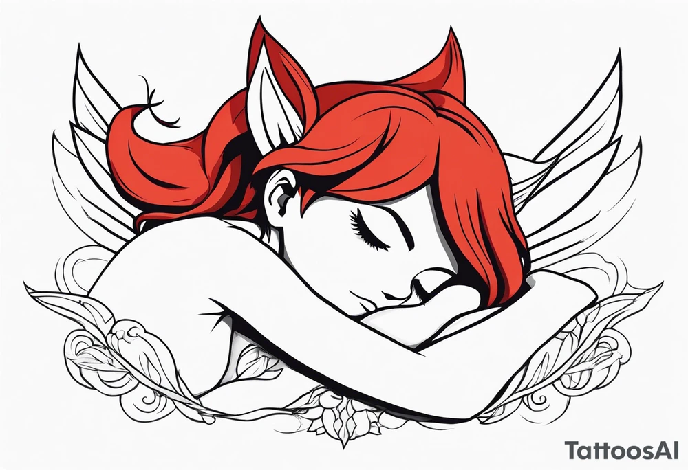 No color fairy with a tail inspired by the logo of the anime show called Fairy Tail in a fetal position leaning in and forward while sleeping tattoo idea