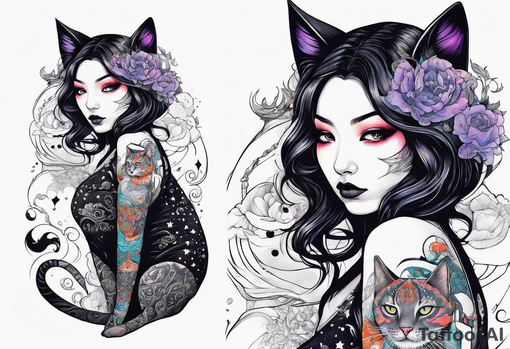 Goth girl with her cosmic cat tattoo idea