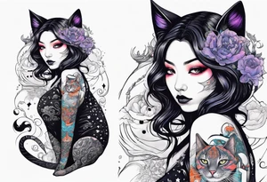 Goth girl with her cosmic cat tattoo idea