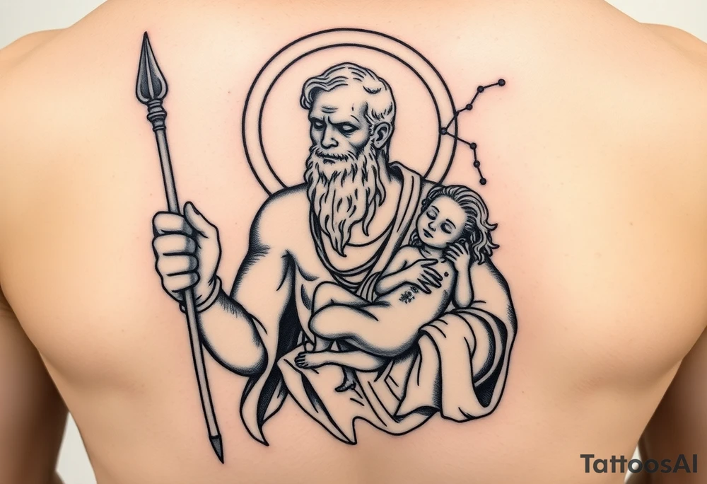 a tattoo design of the Greek God Saturn but older and nearly dying holding his spear in one hand with the Saturn Symbol as the spear head, in his other arms cradling a twin dying younger version of himself. The gemini constellation is in the background behind the Saturn Gods tattoo idea
