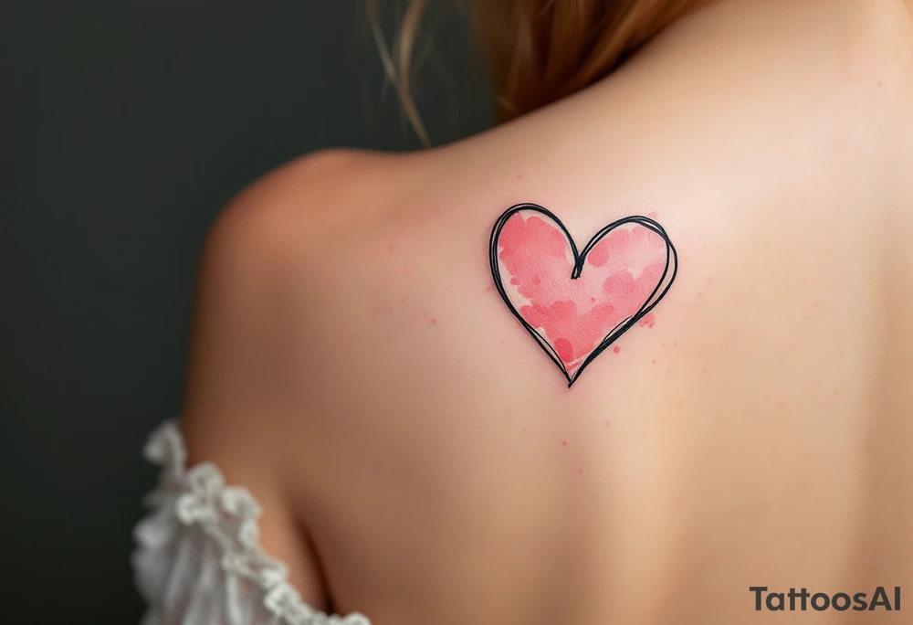 Heart outlines in black ink filled with soft pink watercolor splashes on opposite shoulders. tattoo idea
