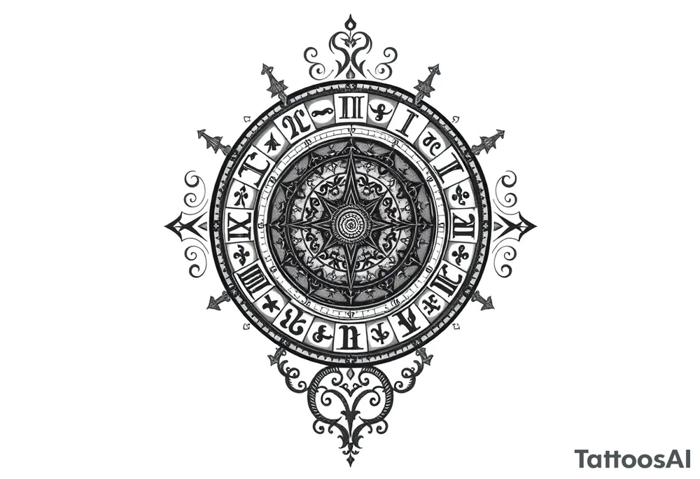 zodiac symbols and Norse runes within ornate clockwork mechanism tattoo idea