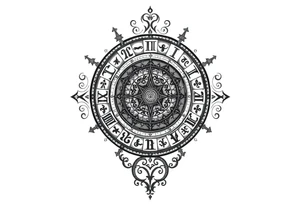 zodiac symbols and Norse runes within ornate clockwork mechanism tattoo idea