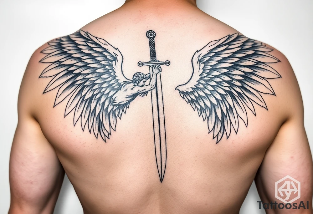 I want an archangel fighting with sword tattoo idea