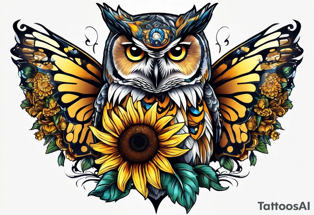 Owl, sunflower with a butterfly tattoo idea
