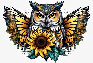 Owl, sunflower with a butterfly tattoo idea