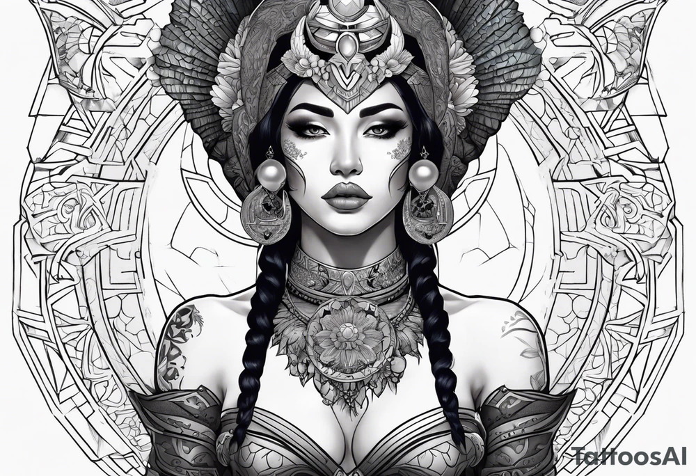 kali ma, alien goddess, valkrye, aries, pirate, divine feminine, zenza resonance, pachamama, lotus azul, blank panther, eagle, skull, 5D, nueva gaya, dna 12, left side chest tatoo tattoo idea