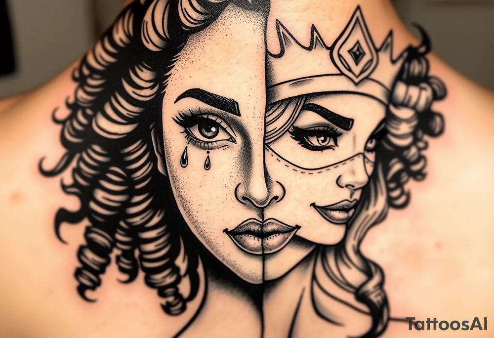 A beautiful woman with beautiful curly hair, and a teardrop falling from her eyes, African American blend into one face with the othe 1/2 a beautiful super hero women with a crown and a smirk on her face. Embodying 1/2 faced one soft and gentle-one strong and mighty. Blend together onto 1 face tattoo idea