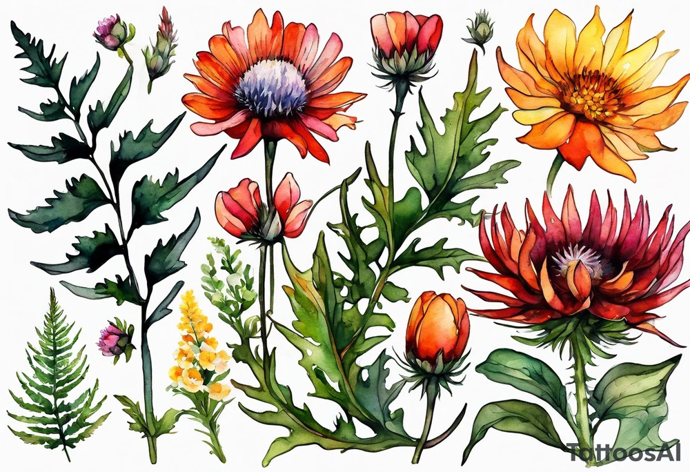 wildflowers with thistles, ferns, white flowers, pink flowers, burnt orange flowers, red flowers and yellow flowers all in watercolor tattoo idea