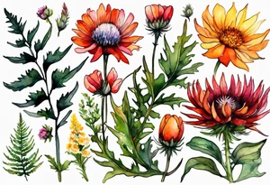 wildflowers with thistles, ferns, white flowers, pink flowers, burnt orange flowers, red flowers and yellow flowers all in watercolor tattoo idea