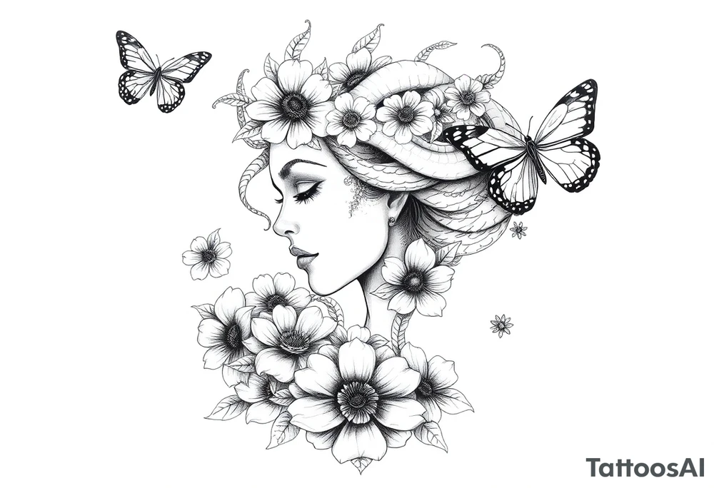 Side portrait of Medusa with flowers, butterflies 
and mandala tattoo idea