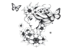 Side portrait of Medusa with flowers, butterflies 
and mandala tattoo idea