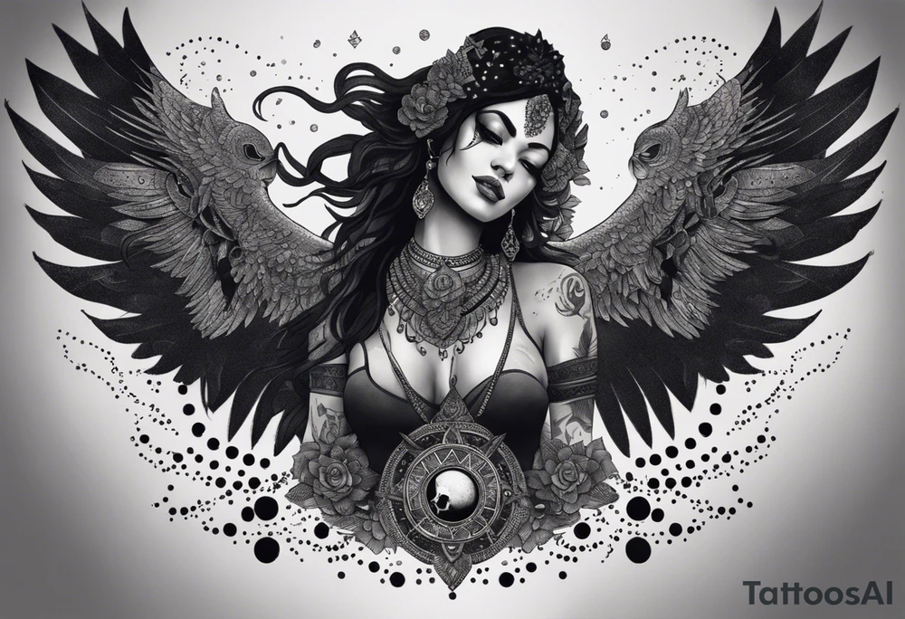 black kali, goddess pirate, alien, angel, pachamama, valkrye, warrior, flying, skull, lotus azul, wing, eagle, zenza resonance, stars, 5D, anahata chakra, death, durga, riding on a tiger, flying lady, kundalini, chest tatoo, samuri, rebel,serpent tattoo idea