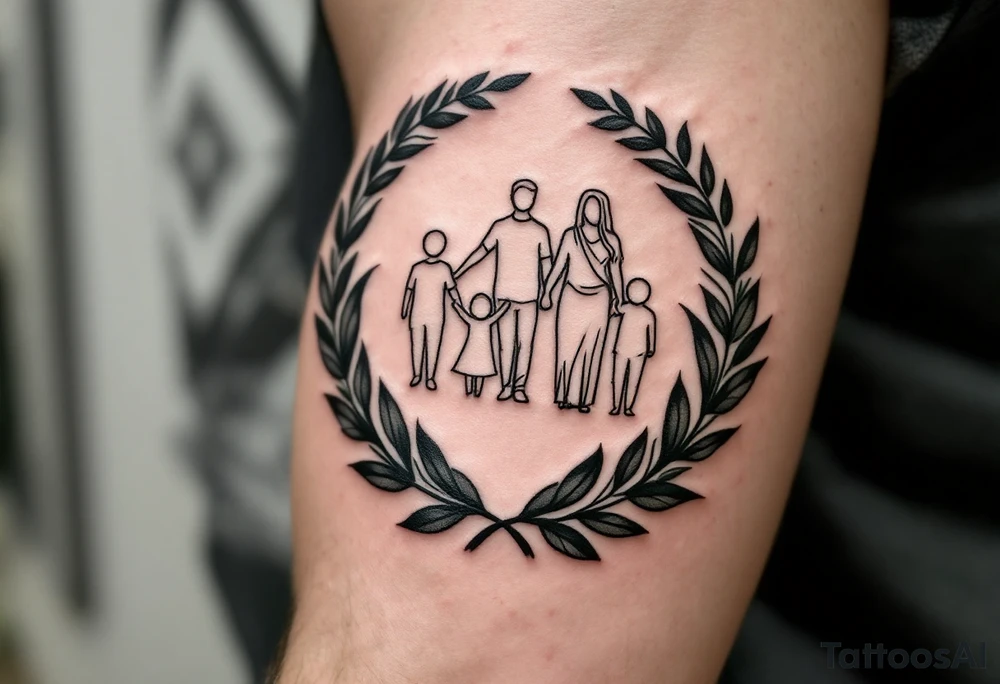 A black and gray family tattoo encircled by a laurel wreath with hints of dark olive green. tattoo idea
