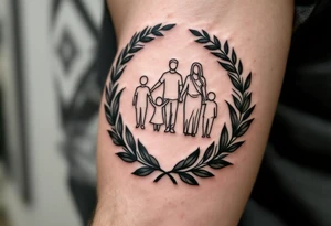 A black and gray family tattoo encircled by a laurel wreath with hints of dark olive green. tattoo idea