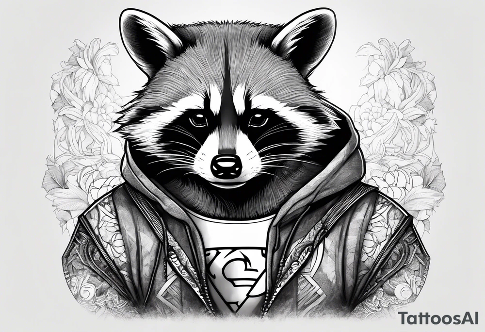 raccoon wearing a Superman hoodie tattoo idea