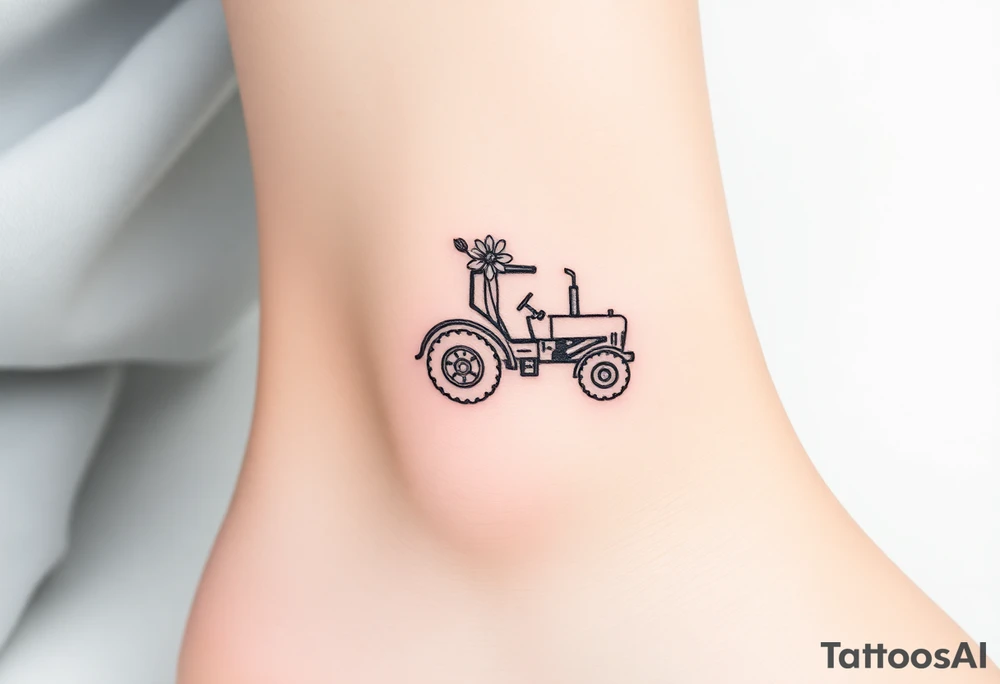 Petite small tractor with two flowers on it tattoo idea