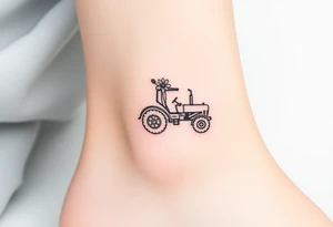 Petite small tractor with two flowers on it tattoo idea