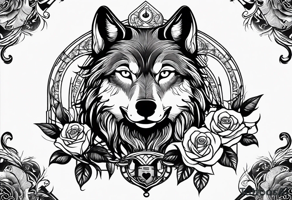 Powerful majestic wolf with mystery in its eye surrounded by rose and a cross and a bible quote tattoo idea