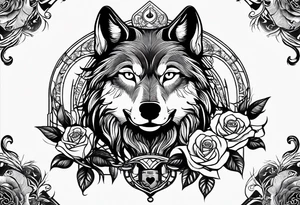 Powerful majestic wolf with mystery in its eye surrounded by rose and a cross and a bible quote tattoo idea