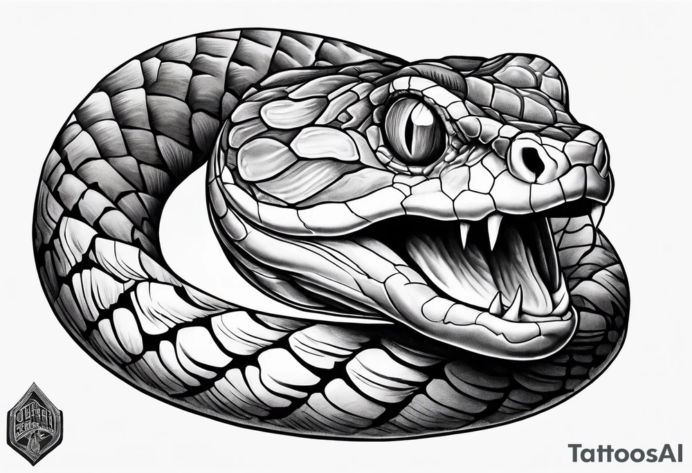 Copperhead full length from above with head turned up and mouth open and copper colored eyes tattoo idea