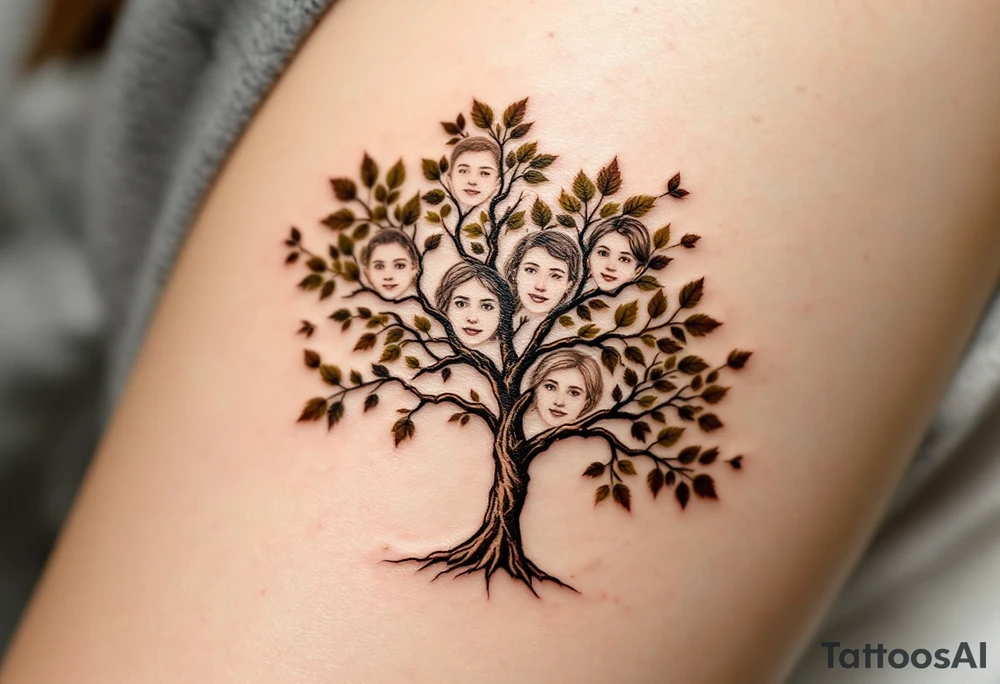 Realistic Tree with Portrait Leaves – A detailed oak tree in natural brown and green, with leaves subtly shaped like the faces of family members and their names "Adela, Dan, Josef, Amalie". tattoo idea