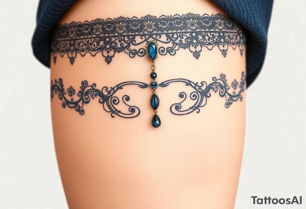 A Victorian-style garter tattoo with antique patterns, paired with a tiny dangling sapphire pendant, exuding elegance tattoo idea