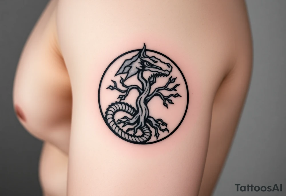 a dragon forming a circle with its body.  the dragon encircles the tree of life.  the dragon is eating the tree. the roots of the tree are strangling the dragon tattoo idea