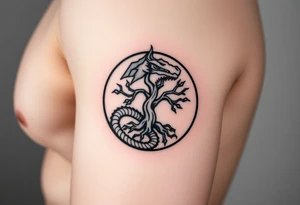 a dragon forming a circle with its body.  the dragon encircles the tree of life.  the dragon is eating the tree. the roots of the tree are strangling the dragon tattoo idea