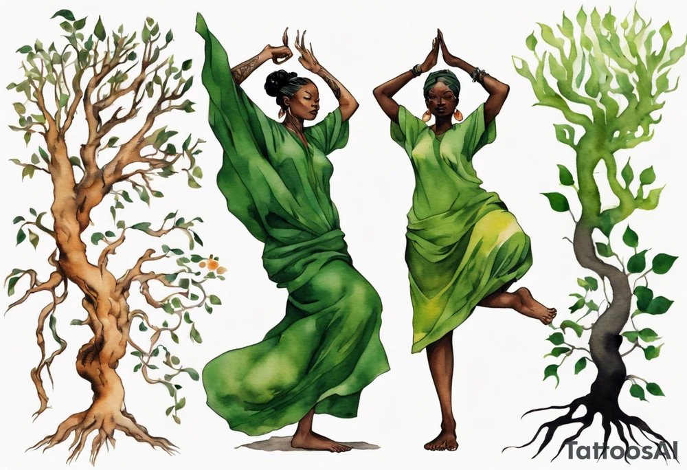 a tree trunk with roots that is a black woman from the waist up, feet made of tree roots, wearing a green tunic, arms stretched upwards towards a blazing sun tattoo idea