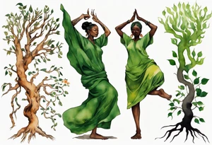 a tree trunk with roots that is a black woman from the waist up, feet made of tree roots, wearing a green tunic, arms stretched upwards towards a blazing sun tattoo idea
