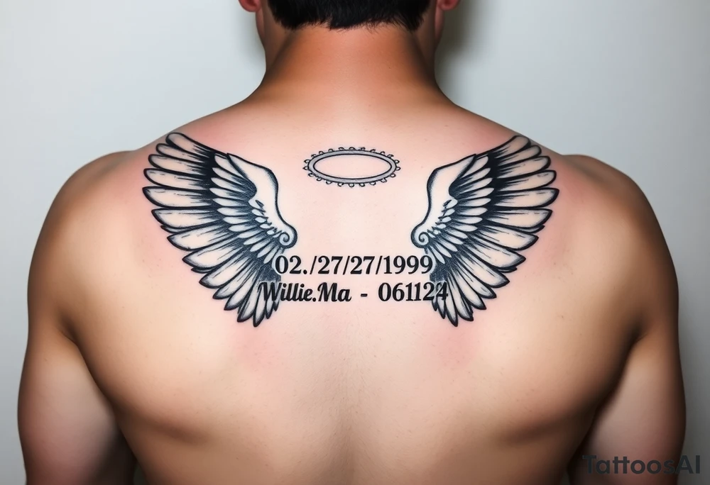 “Damontae 02/27/1992 and under that Willie Mae 06/10/1942” inside a pair of wings with a halo on top of the names and wings on my forearm tattoo idea