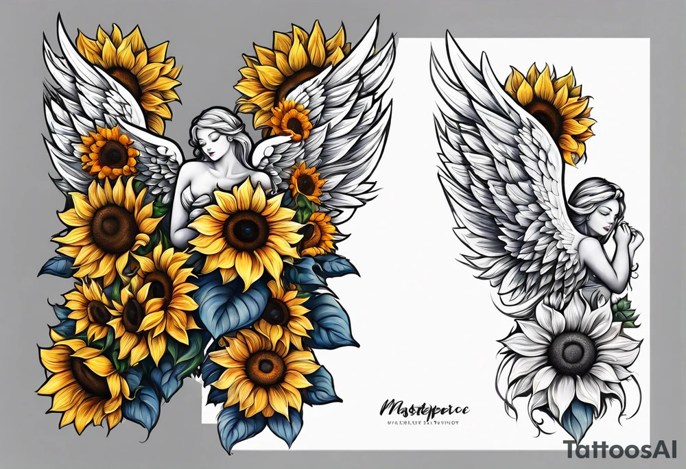 Sunflowers and angel wings leg sleeve tattoo idea