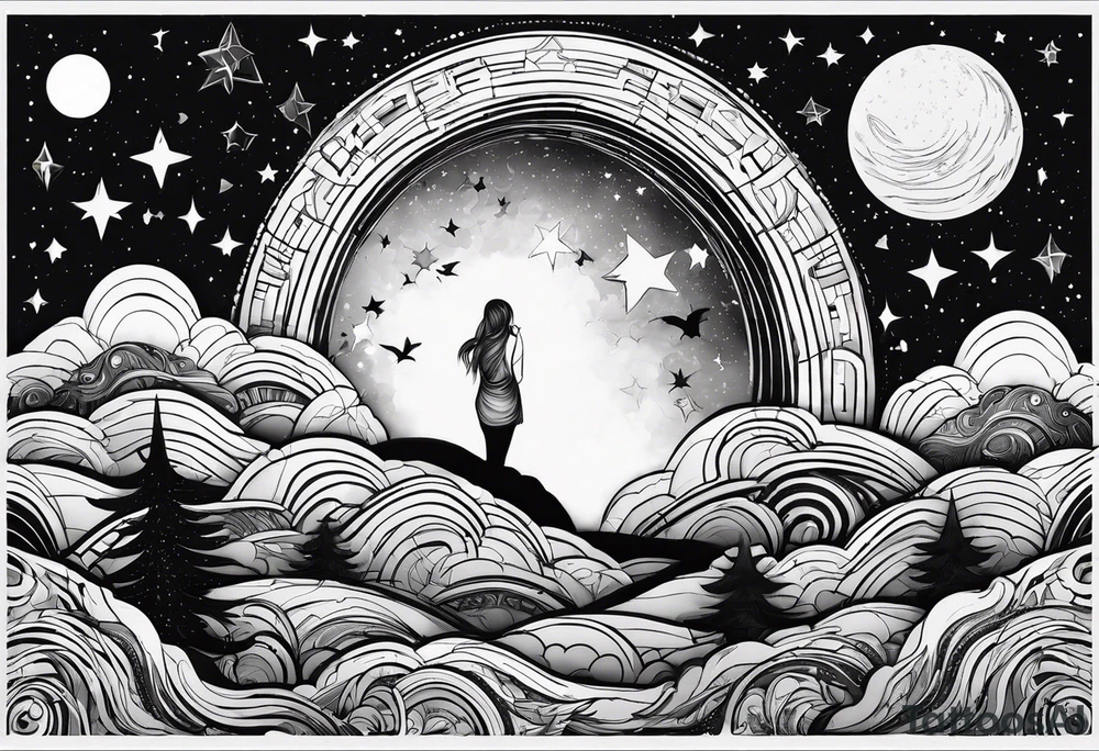 4 black figures looking up at the night sky tattoo idea