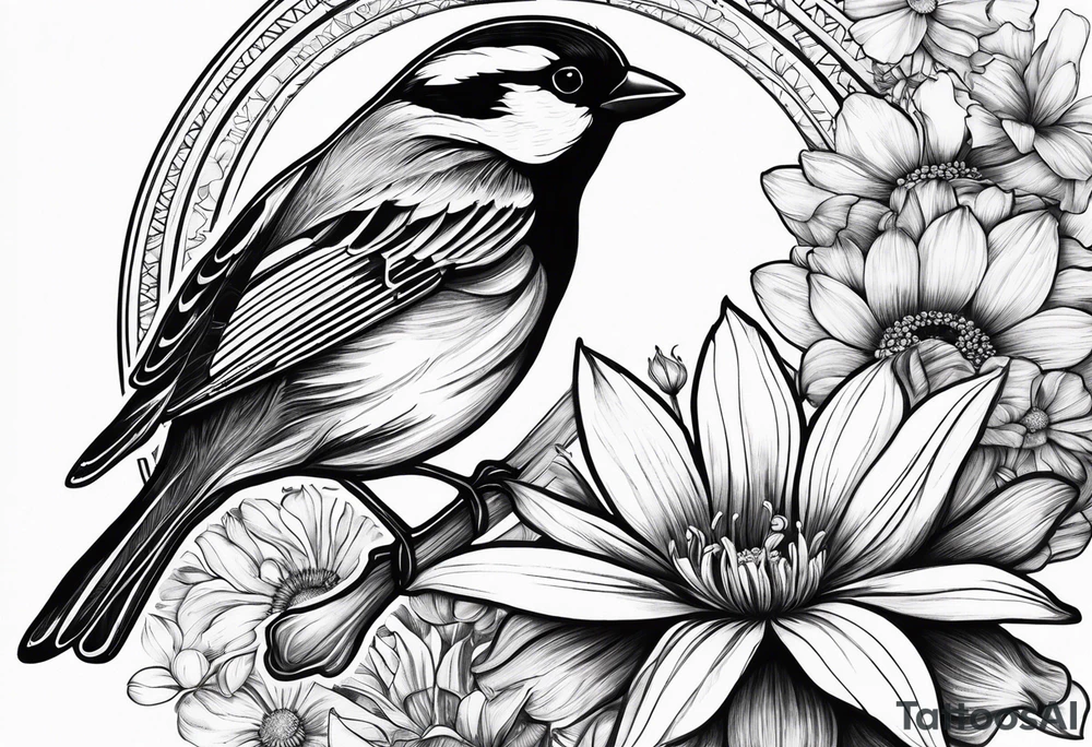 AUM symbol, sparrow, sunrays, staircase, cosmos, iris, daisy tattoo idea