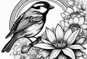 AUM symbol, sparrow, sunrays, staircase, cosmos, iris, daisy tattoo idea