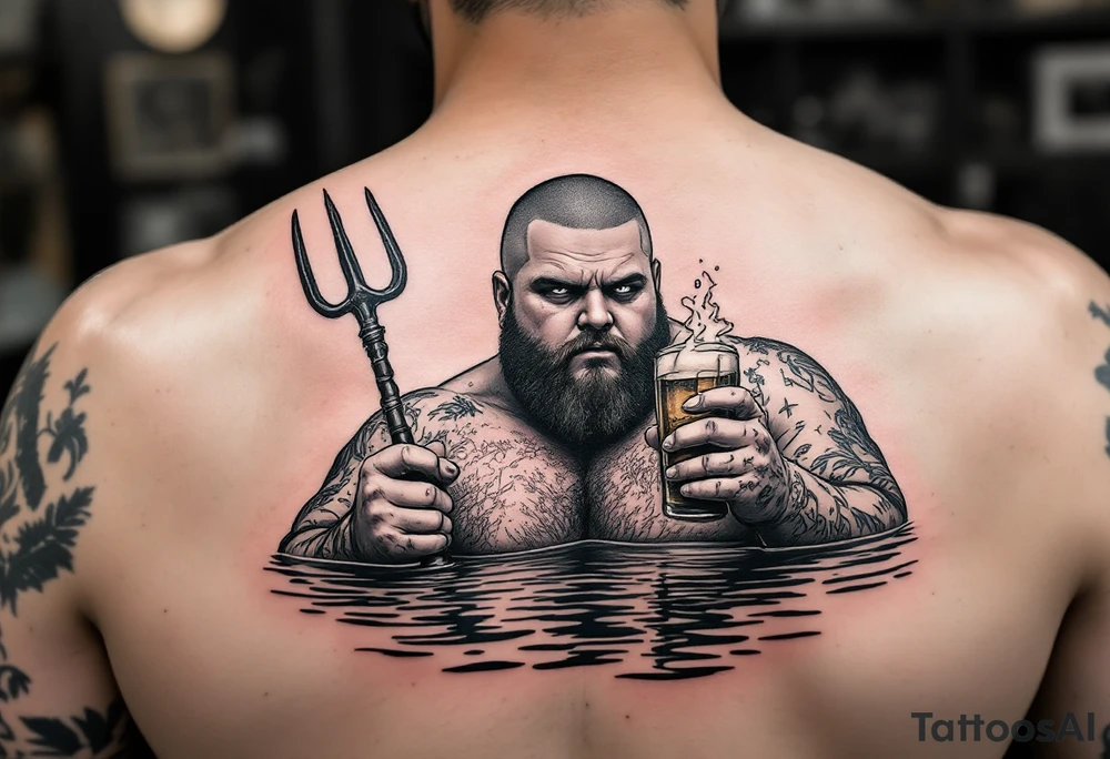 Gay fat guy, shaved face, with trident, half way in calm water, with a beer tattoo idea