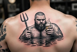 Gay fat guy, shaved face, with trident, half way in calm water, with a beer tattoo idea