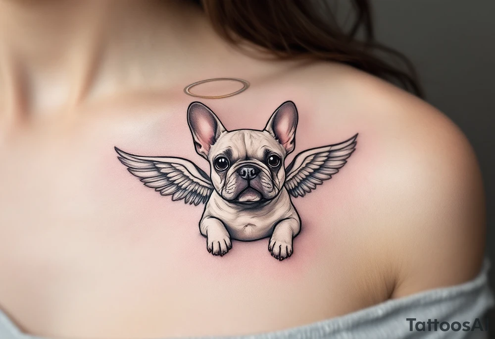 French Bulldog with angel wings and a halo, in memory style, colored in soft gray and white with faint light blue highlights. tattoo idea